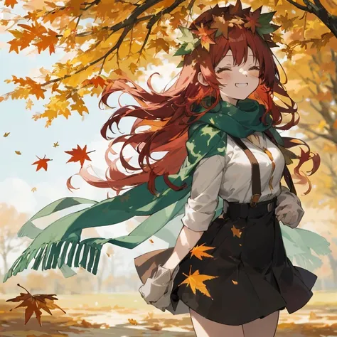 Anime girl with long red hair and green scarf standing in front of a tree, The wind blows the leaves, Goddess of Autumn, in autumn, 🍁 Cute, Leaves with the wind, Covered with fallen leaves, Autumn winds, Beautiful Autumn Spirits, Leaves in the air, Beautif...