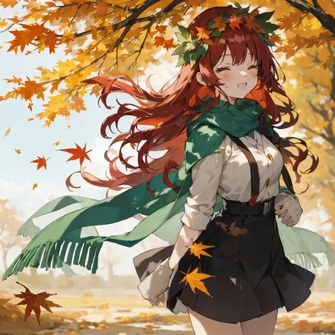 Anime girl with long red hair and green scarf standing in front of a tree, The wind blows the leaves, Goddess of Autumn, in autumn, 🍁 Cute, Leaves with the wind, Covered with fallen leaves, Autumn winds, Beautiful Autumn Spirits, Leaves in the air, Beautif...