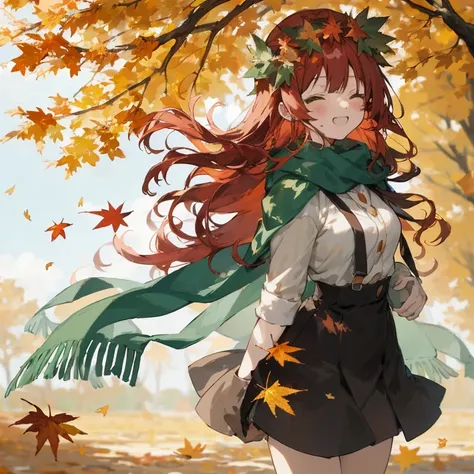 Anime girl with long red hair and green scarf standing in front of a tree, The wind blows the leaves, Goddess of Autumn, in autumn, 🍁 Cute, Leaves with the wind, Covered with fallen leaves, Autumn winds, Beautiful Autumn Spirits, Leaves in the air, Beautif...