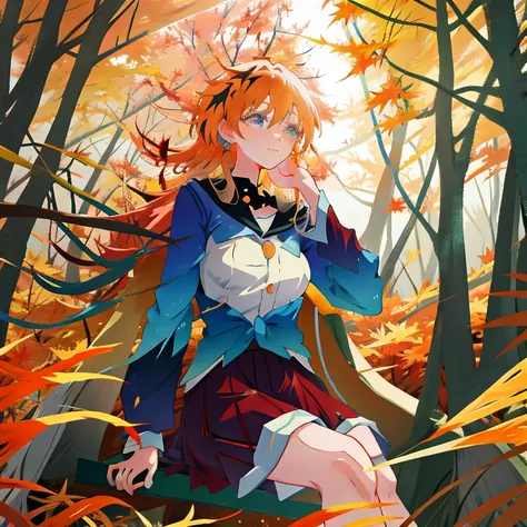 Anime girl sitting among the leaves in the forest, anime lush john 8k woods, Anime art wallpaper 8k, Beautiful anime girl, in autumn, made with anime painter studio, anime art wallpaper 4k, anime art wallpaper 4k, Autumn winds, Goddess of Autumn, anime sty...