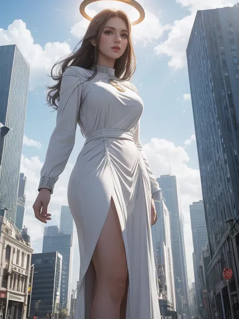 detailed face, ((a woman is huge Colossus as tall as buildings)), (wearing cute white dress), (halo), open eyes slightly, city, crotch hit to on the top of building, people looking up at her, small cars at her foot,