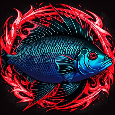 a gothic fish logo (vermelho/preto), fundo escuro (preto), arte fantasia, arte em vetor/neon, fluorescente, detalhes perfeitos, arte perfeita, 8k, SDLX