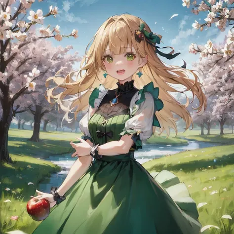 Anime girl in a green dress holding an apple in the park, render of april, official artwork, guweiz on pixiv artstation, Rin, Cute anime waifu in a nice dress, Official art, cushart krenz key art feminine, Trending on ArtStation pixiv, splash art anime lol...