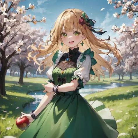 anime girl in a green dress holding an apple in the park, render of april, official artwork, guweiz on pixiv artstation, rin, cu...