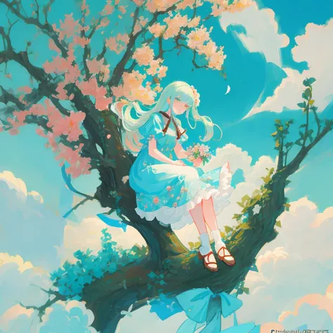 Anime girl sitting on tree branch with flowers in hair, guweiz on pixiv artstation, Cute anime waifu in a nice dress, guweiz on artstation pixiv, cushart krenz key art feminine, Trending on ArtStation pixiv, High quality anime art style, guweiz, Rin, Offic...