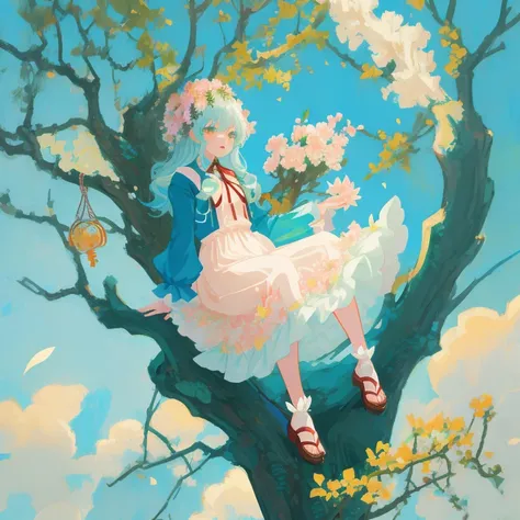 Anime girl sitting on tree branch with flowers in hair, guweiz on pixiv artstation, Cute anime waifu in a nice dress, guweiz on artstation pixiv, cushart krenz key art feminine, Trending on ArtStation pixiv, High quality anime art style, guweiz, Rin, Offic...