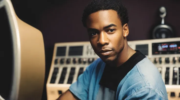 1990s, closeup portrait photo of 36 y.o afro american man, talinaky, black tshirt top, short hair, natural skin, looks away, los angeles sitted in the music studio next to a huge mixer, musician, (cinematic shot, film grain:1.1)