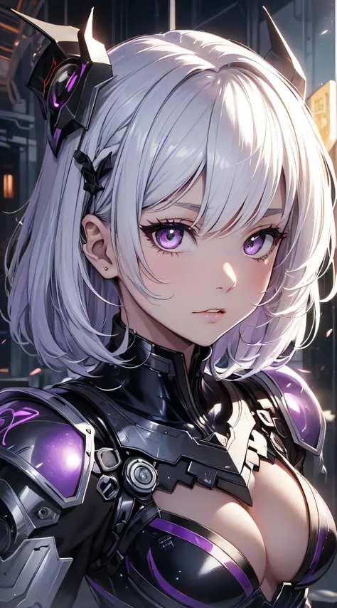 top-quality、Top image quality、​masterpiece、girl with((white and black mechanical body armor、silver mechanical arm、sixteen years old、teen ager、cute little、Best Bust、big bast,Beautiful shining purple eyes、Breasts wide open, white  hair、lightblue hair,Longhai...