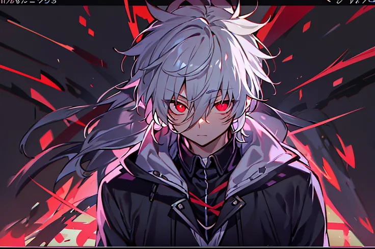 hight resolution,close range、Anime boy with white hair and red eyes staring at camera, Glowing red eyes,slim, dressed in a black outfit,Shadow Body,colorful backdrop,hair messy,yameroyandere, Diagonal angle