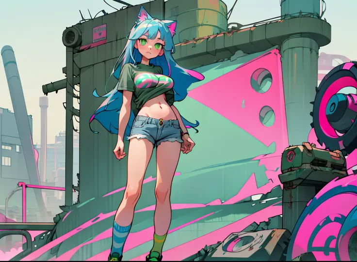 1woman, Long blue hair with pink stripes, bangs, green eyes, Bored face, cat ear, Grey shirt, tummy, large boobs, Blue jean shorts, elongated legs, green striped socks, sneakers , Abandoned factory