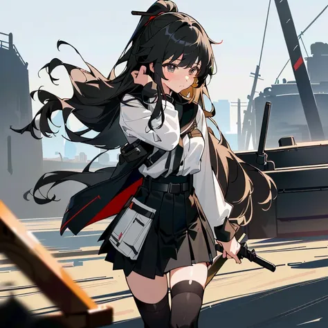 Anime girl with long black hair and white shirt and black skirt, girls frontline style, from girls frontline, Kantai Collection Style, Fine details. girls frontline, girls frontline cg, girls frontline, girls frontline universe, guweiz on pixiv artstation,...