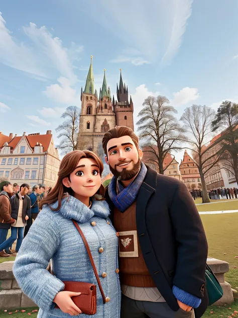 there is a man and woman standing next to each other in a park, woman with brown hair, goatee beard man, couple in love, christmas vibe, in front of church, prague, prague in the background, with a castle in the background, cathedral in the background, cas...