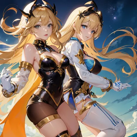 Anime girl with long blonde hair and blue eyes in a black and gold costume, wlop and sakimichan, characters from azur lane, from the azur lane videogame, cushart krenz key art feminine, azur lane style, epic light novel art cover, official artwork, two bea...