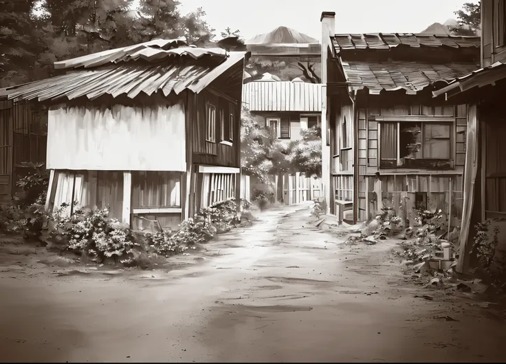 masterpiece, 8k, hd, a black and white photo, village, dirt road, trees, mountain behind, colonial house, anime filter, digital drawing, commissioned art, digital painting, anime background, add details