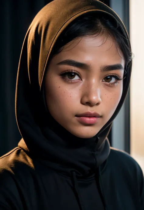 Raw photography、Muslimah malay girl, Black Hoodie、(1girl in)、(realisitic)、(Photorealsitic:1.5)、lipstickornfreckles、Multicolor Hair、a choker、(Raw photography、8K UHD、film grains)、Sharp eyeliner、Blush eyeshadow with thick eyelashes、extremely delicate and beau...