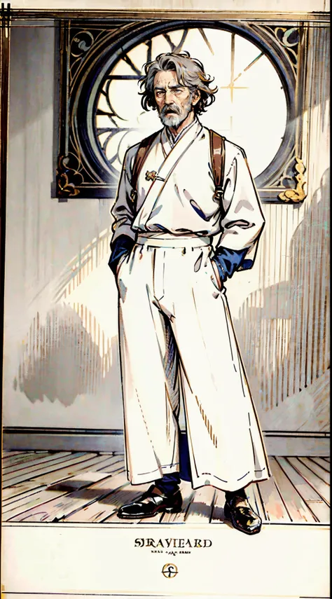 An elderly man, disheveled short hair in a brown-gray hue, approximately 60 years old, a bewildered gaze, quirky expression, wide-open mouth, a small mustache on his chin, a simple brown-yellow traditional Chinese clothing, coarse fabric trousers, the back...