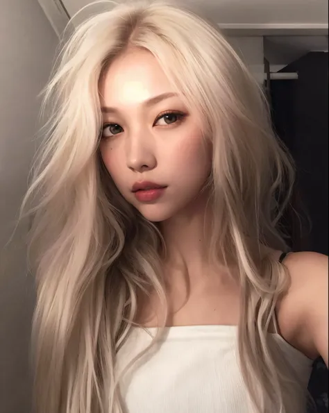 Mulher loira com cabelos longos e olhos azuis tirando uma selfie, pale hair, Parque Roseanne do Blackpink, menina coreana, very very pale blond hair, her hair is white, extremely pale blond hair, pale porcelain white skin, com cabelos longos brancos, pale ...