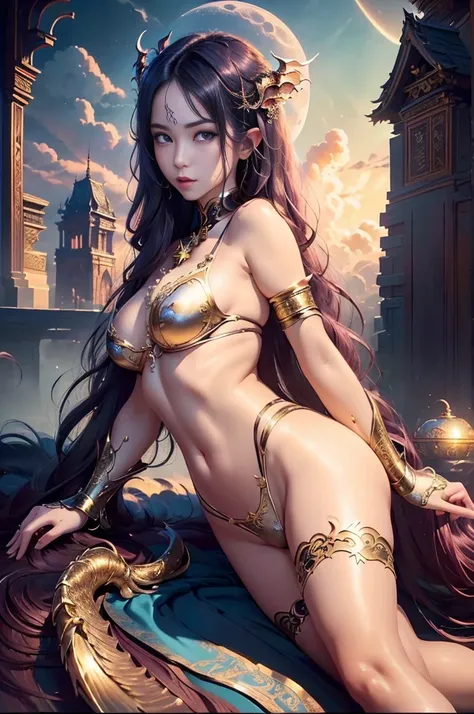 ((noodle)), ((tmasterpiece)), (Detailed pubic hair), seductive succubus, EtherealBeauty, Inhabit the clouds, (Fantasy illustration:1.3), captivatinggaze, Enchanting pose, delicate wings, otherworldly charm, mystical sky, (Luis Royo:1.2), (Yoshitaka Amano:1...