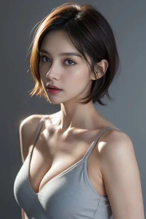 Skin Tight Top:1.2, Looking at Viewer, Cinematic lighting, softlight, High resolution skin:1.2, Realistic skin texture、annoying sexy face、 30 years old mature woman、no-makeup、 off shoulders、 Blue eyes, Short hair、Dark brown hair color、Bust B Cup、Small brea...