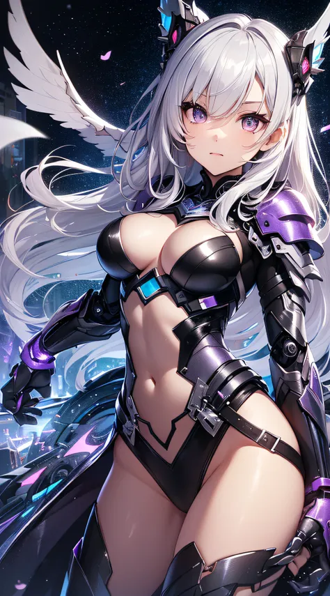 top-quality、Top image quality、​masterpiece、girl with((silver and black mechanical body armor、silver mechanical arm、silver leg arms、Shining red body line、sixteen years old、teen ager、cute little、Best Bust、big bast,Beautiful shining purple eyes、Breasts wide o...