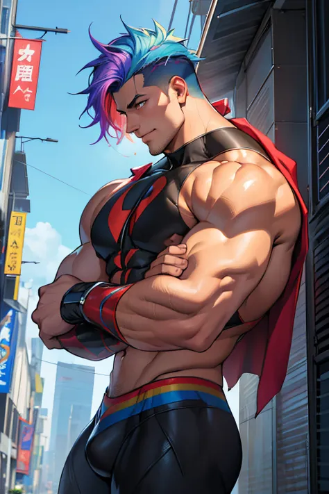 ((masterpiece)),((bestquality)),((gay superhero couple,rainbow hair, ripped clothes))8k,40000900009 rainbow hair,high detailed,ultra-detailed, 999999999999 cm,smirk,n,8-pack abs 80999099cm , erotic, huge bulge,,Stylish Pose, real skin texture, cinematic li...