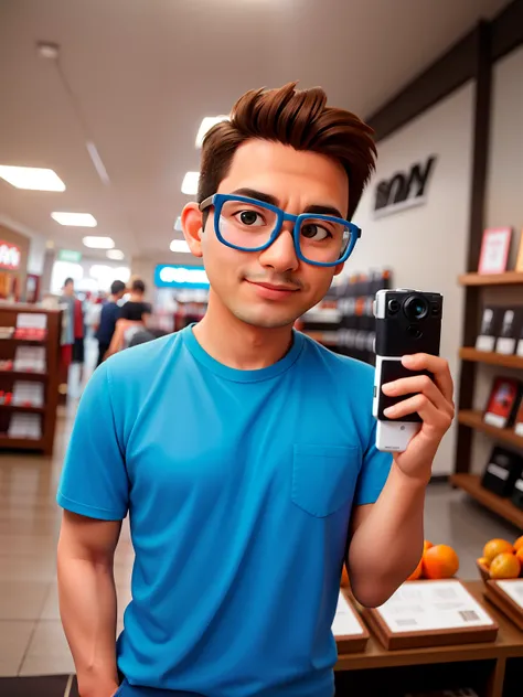 Man in blue shirt and glasses standing in a store, Tiro na Nikon Z9, Tomado com Sony Alpha 9, Fotografia selfie 8k, Capturado na Canon EOS R 6, fotografia modo retrato, imagem de qualidade muito baixa, Tiro na Canon EOS R5, Tiro na Canon EOS R 5, fotografi...