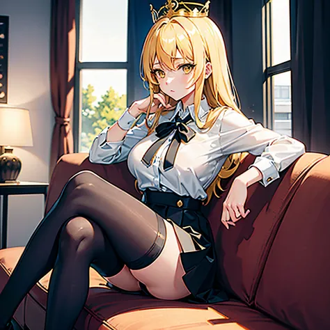 "anime girl, 1 person, bright blonde hair, yellow eyes, crown on head, womens shirt, office uniform, big breasts, tights, sitting on sofa, sitting cross-legged, chin in hand, looking , character perspective, solo, (full HD 4K+ image)"