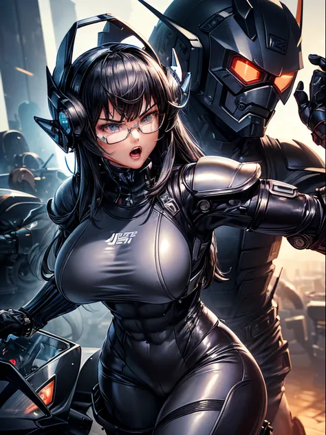 masterpiece,ultra detailed,((cyber suit)),((cyber helm)),(shout),((angry)),slash Axe,(big breast),((tall girl)),((glasses))、((abs,muscle))、((cyber foot gear))、((jet pack)),((cyber chest armor))、((cyber motorbike)),((riding motorbike)),(((detailed face))),(...