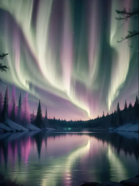 Aurora borealis over a tranquil lake: imagine the colorful lights dancing in the night sky, in shades of green, pink and purple, reflecting off the calm surface of the lake. Add some dark trees around the lake to contrast with the bright colors of the auro...