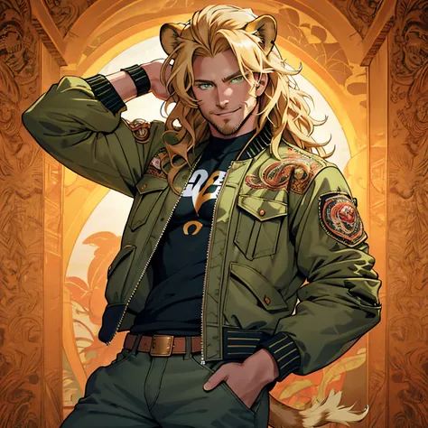 Bomber jacket, One male, lion ears, long hair, blond, blond hair, green eyes, tall, muscular, beautiful face, highest quality, masterpiece, 3d, anime, perfect face, highest detail, feline eyes, stubble, lion tail, wavy hair, cowboy shot, detailed face, int...