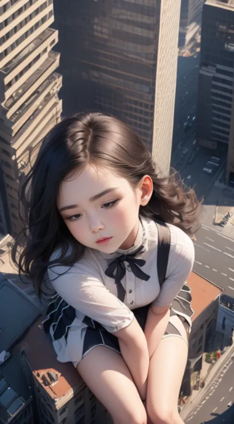 woman, detailed face, aerial angle, 50m tall, wearing skirt, round face, close eyes, open legs, city, crotch hit to on the top of building, people looking up her, many small cars,