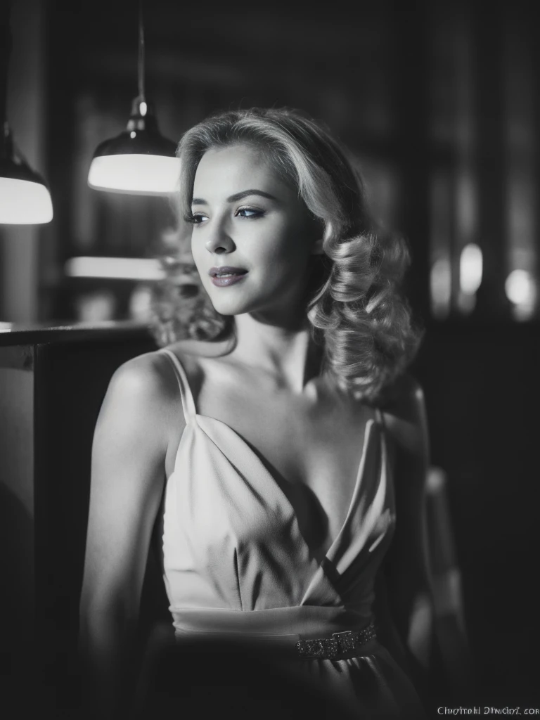 noirstyle retro, cinematic, high contrast, spot light, dark shot, front shot, ((half body ))photo of a 25 y.o european blonde wo...