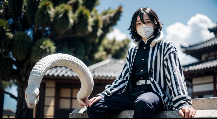 1boy, snake, heterochromia, black hair, male focus, snake, tree, yellow eyes, outdoors, blue eyes, japanese clothes, black pants, hair between eyes, wide sleeves, long sleeves, sky, demon slayer uniform, striped jacket, bangs, iguro obanai, sitting, [red e...