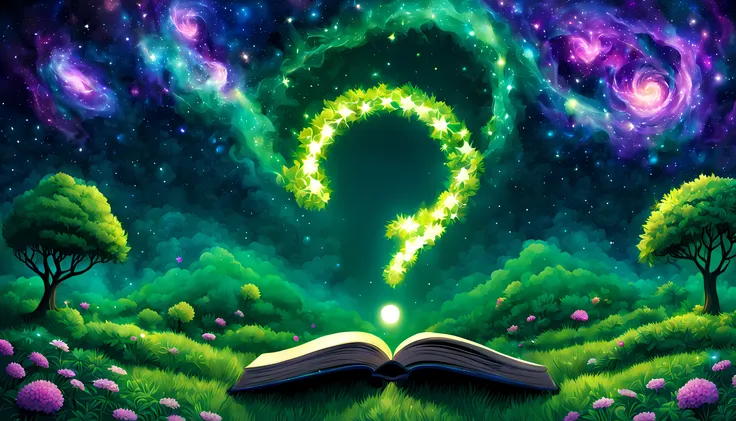 book cover, galaxy, question marks, ego, higher self, magic, transformation, no people, cute green garden, no people