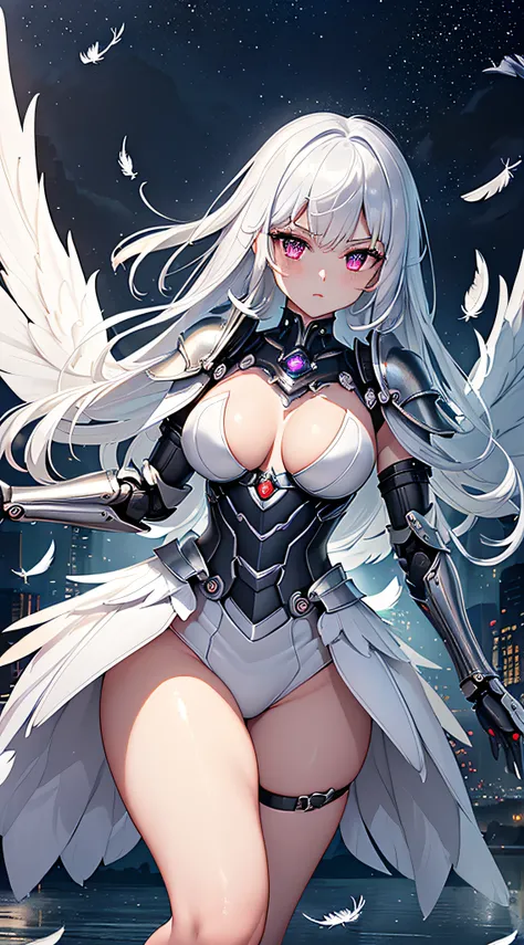 top-quality、Top image quality、​masterpiece、girl with((Silver and black mechanical body armor、silver mechanical arm、silver leg arms、Shining red body line、sixteen years old、teen ager、cute little、Best Bust、big bast,Beautiful shining purple eyes、Breasts wide o...