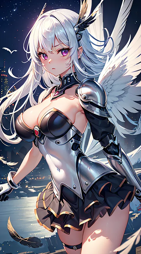 top-quality、Top image quality、​masterpiece、girl with((Silver and black mechanical body armor、silver mechanical arm、silver leg arms、Shining red body line、sixteen years old、teen ager、cute little、Best Bust、big bast,Beautiful shining purple eyes、Breasts wide o...