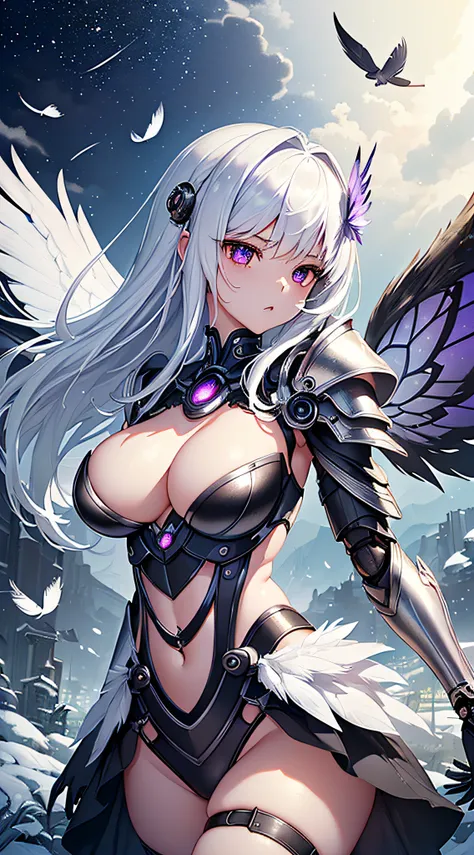 top-quality、Top image quality、​masterpiece、girl with((Silver and black mechanical body armor、silver mechanical arm、silver leg arms、Shining red body line、sixteen years old、teen ager、cute little、Best Bust、big bast,Beautiful shining purple eyes、Breasts wide o...