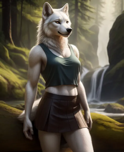 anthro, white wolf, female, adult, mini skirt, tank top, realistic fur, detailed background, wilderness background, realistic, photorealistic, ultra realistic, 8k,