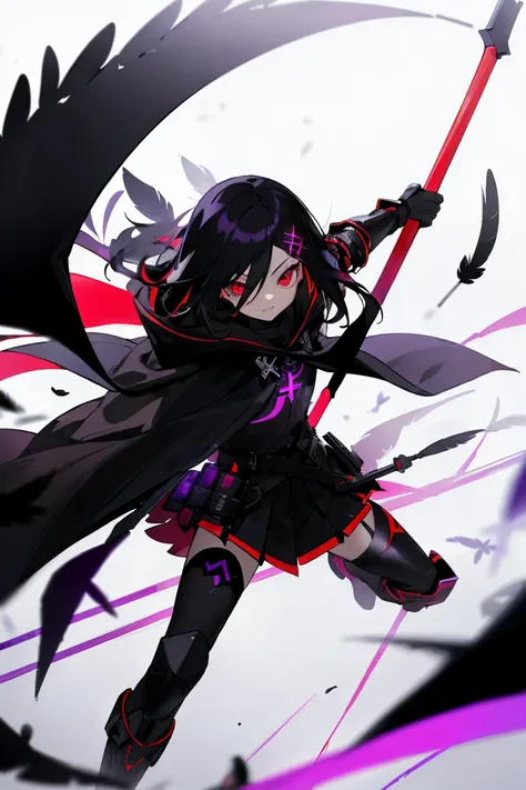 ((masterpiece, best quality, bright-red digital runes, drawing)), (solo girl, black wind hair cute detailed bright red eyes, black leather mask face:1.5, black chest armor and elbow armor, skirt:1.2, black inner clothes, knee pads, stockings, hooded black ...