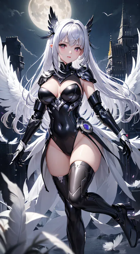 top-quality、Top image quality、​masterpiece、girl with((Silver and black mechanical body armor、silver mechanical arm、silver leg arms、Shining red body line、sixteen years old、teen ager、cute little、Best Bust、big bast,Beautiful shining purple eyes、Breasts wide o...