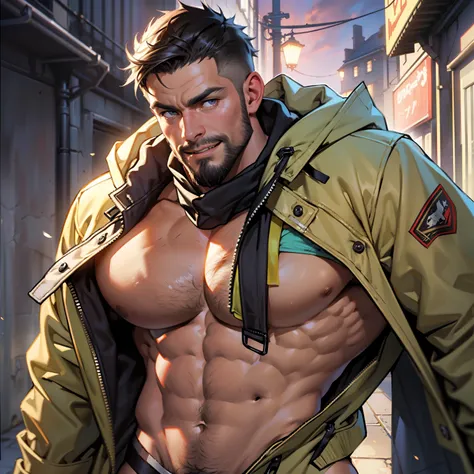 Best quality, masterpiece, ultra high res,detailed background,solo,male,bara,muscular,facial hair,mature male,thick thighs,looking at viewer,((naked under coat)),((alley)) ,photo of muscular bearded (man) in a worn ((skin-revealing skimpy erotic parka coat...