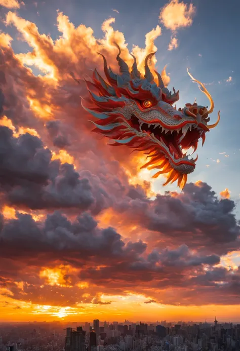 Cloud that looks like a Chinese Dragon illuminated by the rays of the setting sun