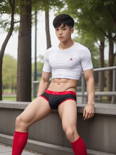 16 years old teenagers , very young , light-skin , wearing an dark red sexy underwear, tmasterpiece，k hd，the feet，Transparent sports vest，semi transparent，black long socks，The barefoot , red colour , handsome and cute , extreme cute boy , white skin , dark...