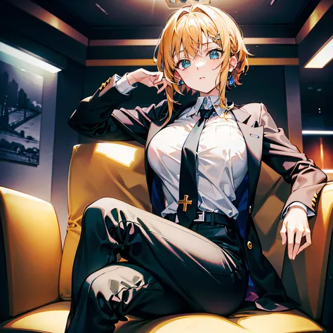 "anime girl, 1 person, bright blonde hair, yellow eyes, crown on head, womens shirt, wearing black jacket, tie, office uniform, big breasts, tight pants, sitting on sofa, sitting cross-legged  legs, chin rest, look, character perspective, solo, (full HD 4K...