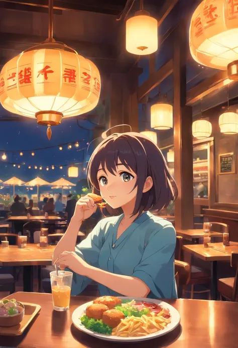 girl, Eat western food in a western restaurant, lamplight,