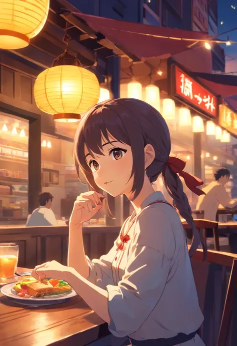 girl, Eat western food in a western restaurant, lamplight,