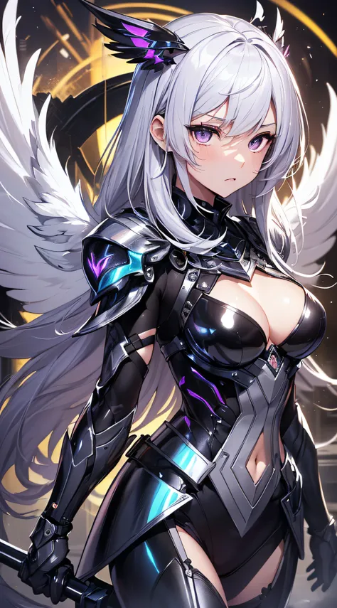 top-quality、Top image quality、​masterpiece、girl with((Silver and black mechanical body armor、silver mechanical arm、silver leg arms、Shining red body line、sixteen years old、teen ager、cute little、Best Bust、big bast,Beautiful shining purple eyes、Breasts wide o...