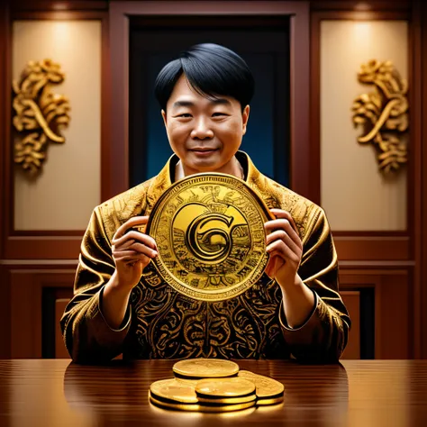 A rich Chinese man holding a gold coin with the letter C embossed in the middle of an empty room, high quality digital painting, intricate details, reference from great digital painting artists, 8K