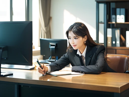 (Best Quality,hight resolution:1.2),Realistic,Professional,Includes highly detailed facial features and full body diagram、Highly detailed portrait of a 28 year old Japanese office lady, ready for a date, In an office environment.　Shooting time is night　las...