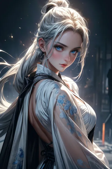 (highres,ultra-detailed,realistic:1.37), portraits, beautiful blue eyes, snowy-white skin, a young woman with a ponytail of white hair gazes coldly at the viewer. She is wearing a white dress under a black robe with a cape, creating a striking contrast. On...